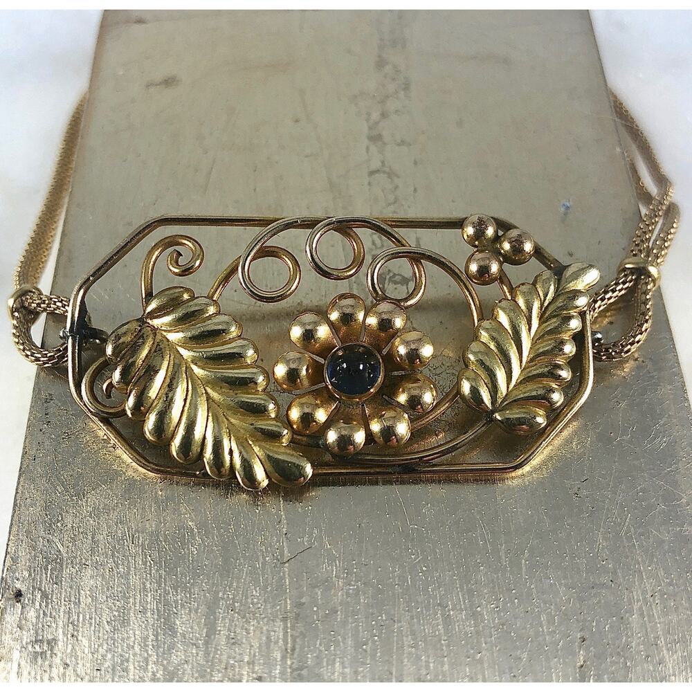 Gold 1930's Pendant Bracelet, Blue stone, Vintage Watchband - Picture 5 of 7